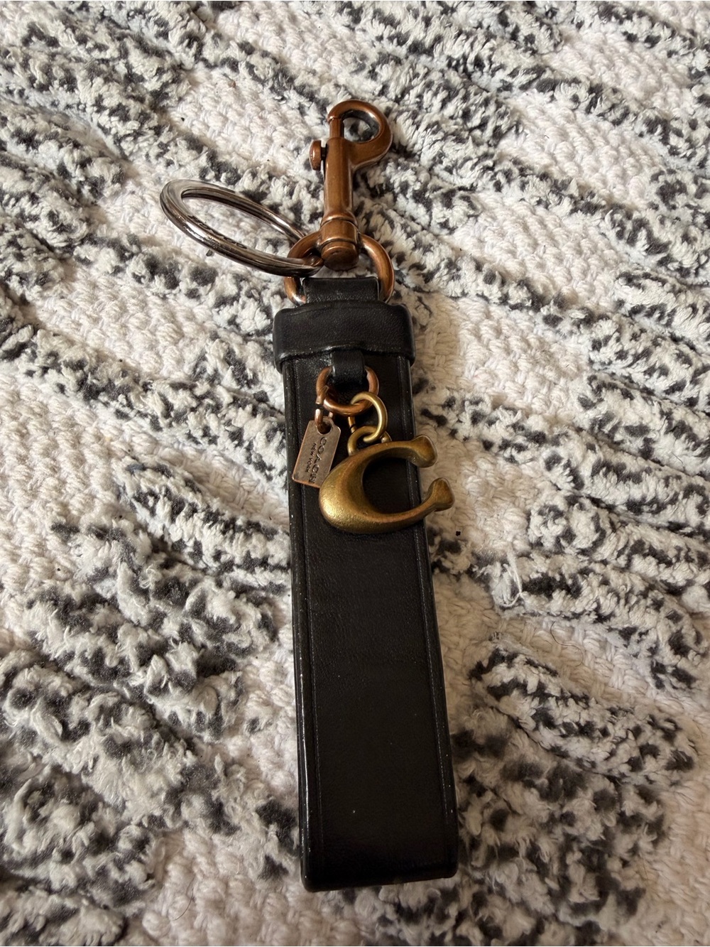 Coach Black Leather Key Holder with Brass 'C' Charm